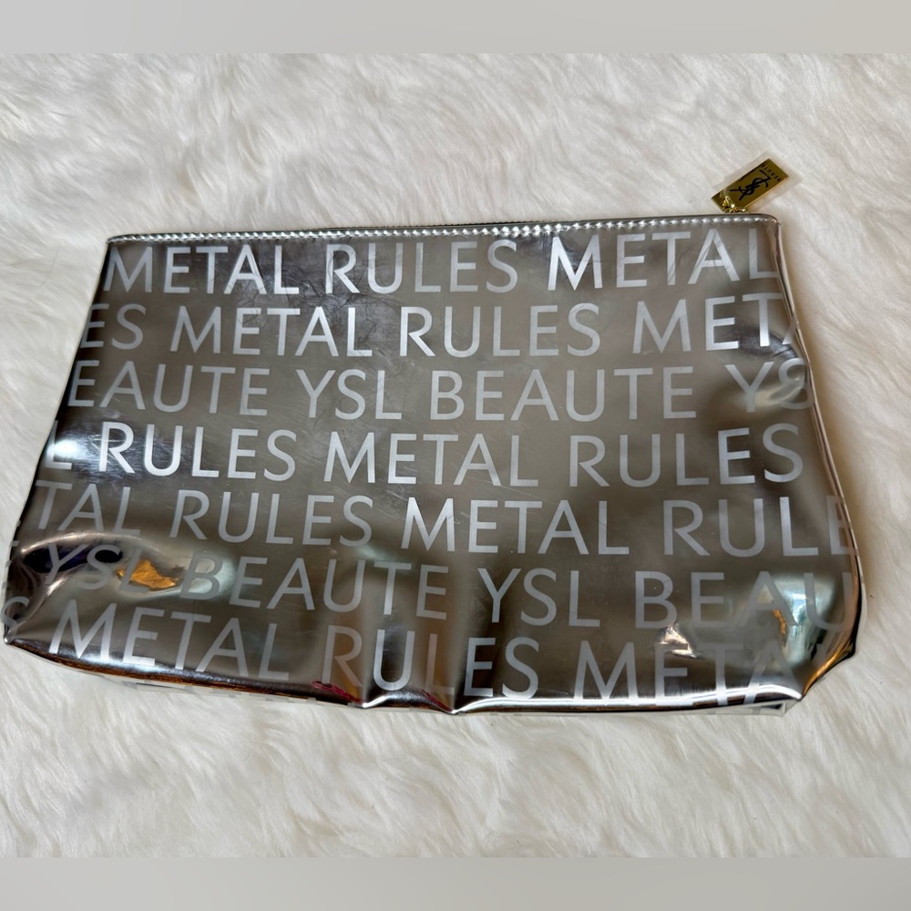New - Yves Saint Laurent Beaute Silver Metallic Mirror Effect Cosmetics Pouch
